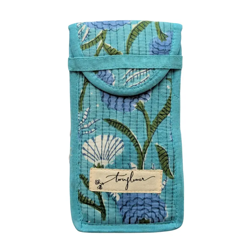 Aqua Floral Block Print Quilted Cotton Glasses Case