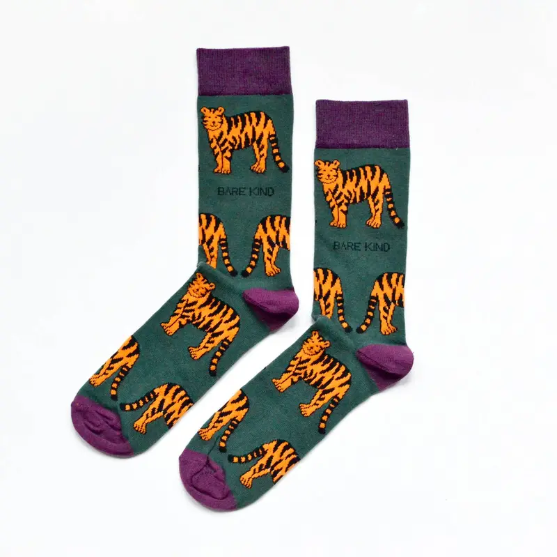 Green & Burgundy Bamboo Socks in Tiger Print