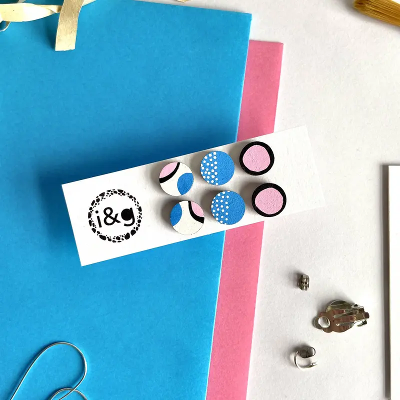 Pink Blue & White Mini Stud Earring Trio