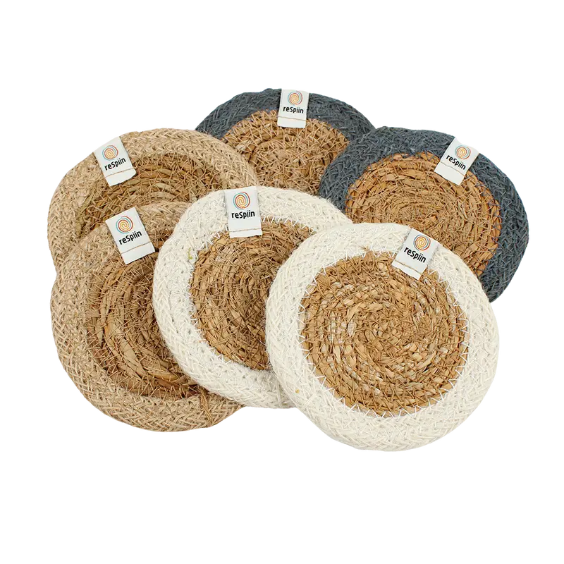 ReSpiin Set of 6 Seagrass & Jute Coasters - Naturals