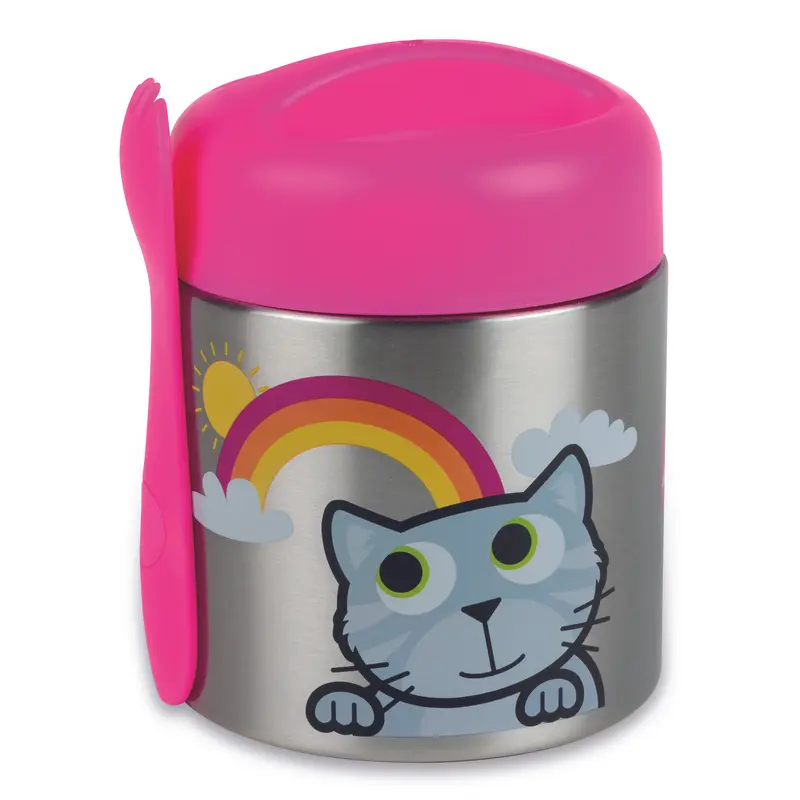 TUM TUM Kids Food Flask with Magnetic Spork & Easy Open Lid, Bluebell the Cat