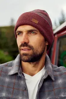 WeirdFish Gilmer Recycled Reversible Stripe Beanie Pinot Red